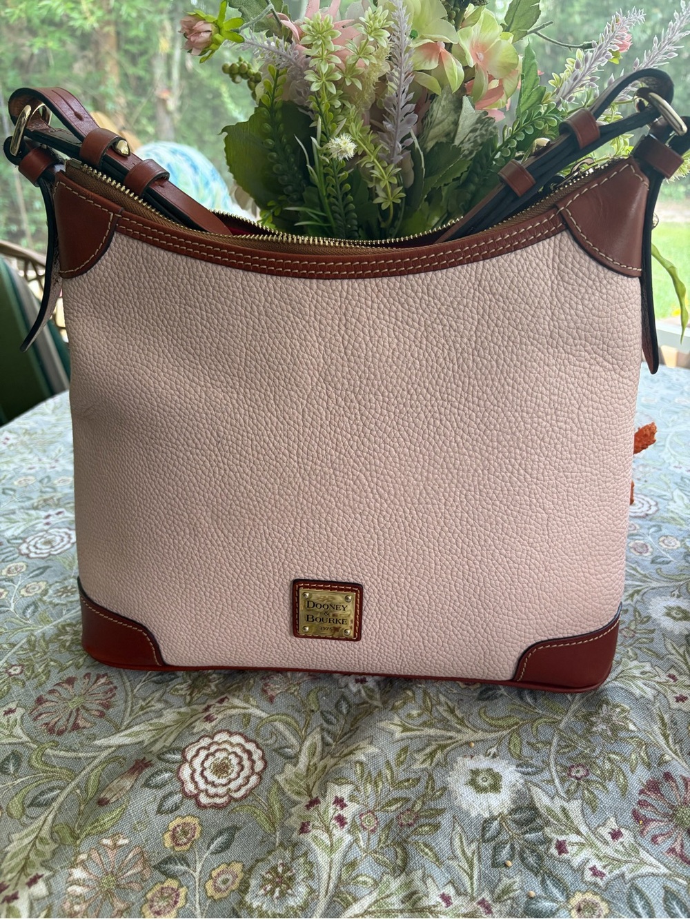 Dooney & Bourke Pink Pebbled Leather Shoulder Bag with Brown Trim